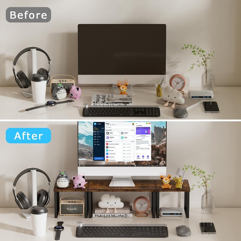 Aothia Wood Desktop Shelf for Top of Desk - 2-Tier Adjustable Bookshelf Organizer, Freestanding Stackable Shelves for Office, Home, Kitchen Counter (Rustic Brown) - Image 5